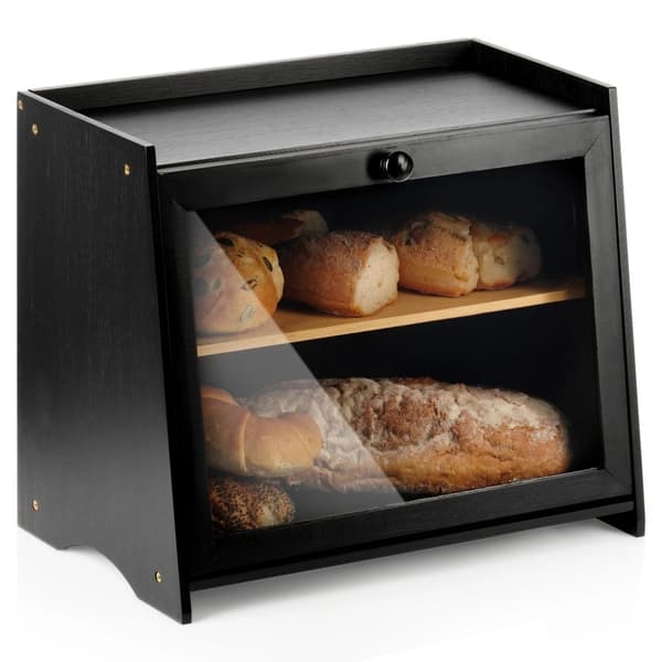 Bambus brødkasse, sort, to-lags, 40x25x33,5 cm
