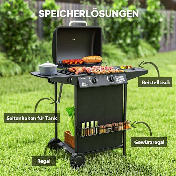Gasgrill 7 KW grillvagn inklusive 3 brännare sida spis rull tryckreducerare lock gasslang 2 värmezoner termometer sidohyllor, BBQ trädgårdsgrill för b