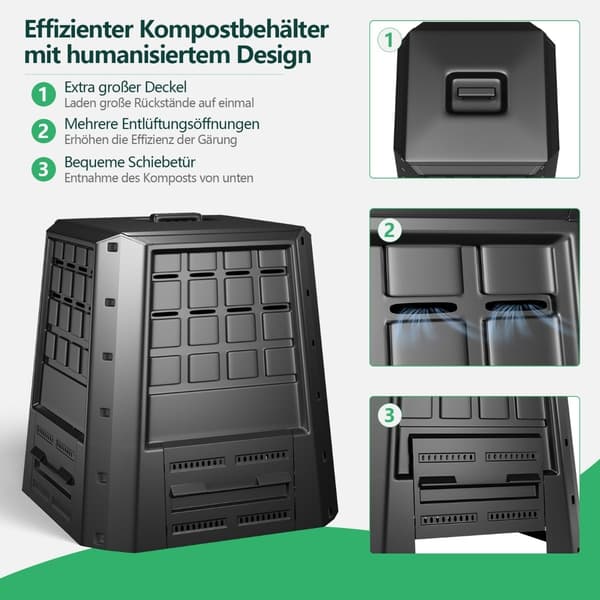 Havekompostbeholder 380L – Sort, holdbar PP med låg