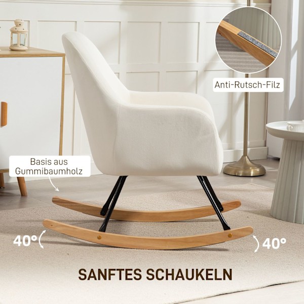 Gyngestol, gyngestol med armlæn, træløbere, afslapningsstol, lænestol med fløjlslook, afslapningsstol, gyngestol til soveværelse, stue, balkon, cremeh