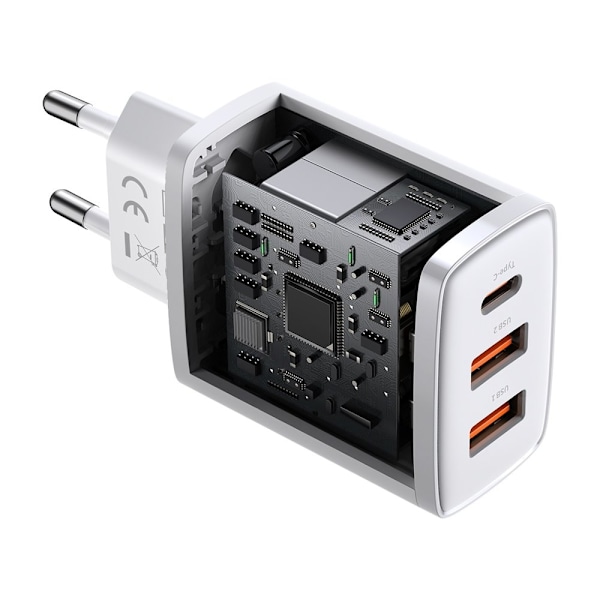 Kompakt hurtig vægoplader 2x USB USB-C 30W 3A PD QC hvid