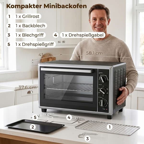 46L miniovn med varmluft, rotisserie, timer, sort