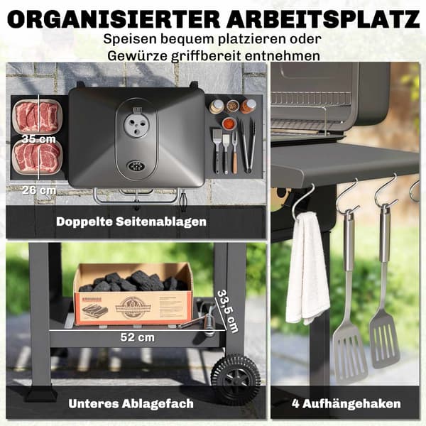 Rökgrill med kolgrill och termometer, justerbart galler
