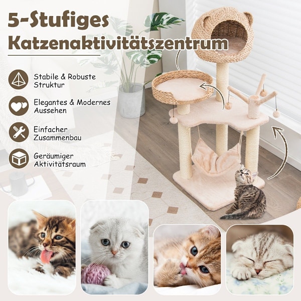 121 cm högt kattträd klätterträd med kattgrotta naturlig