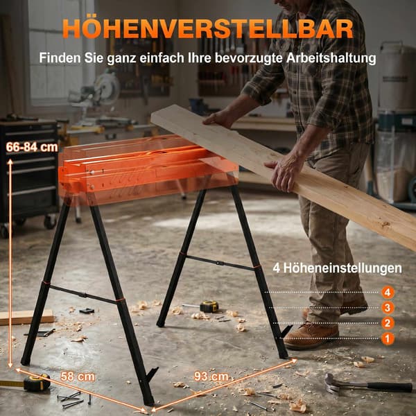 Justerbara fällbara sågbockar, metall, 250 kg kapacitet, set om 2