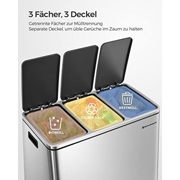 3-fack Soft-Close Pedal Återvinningsbehållare, 54L kapacitet