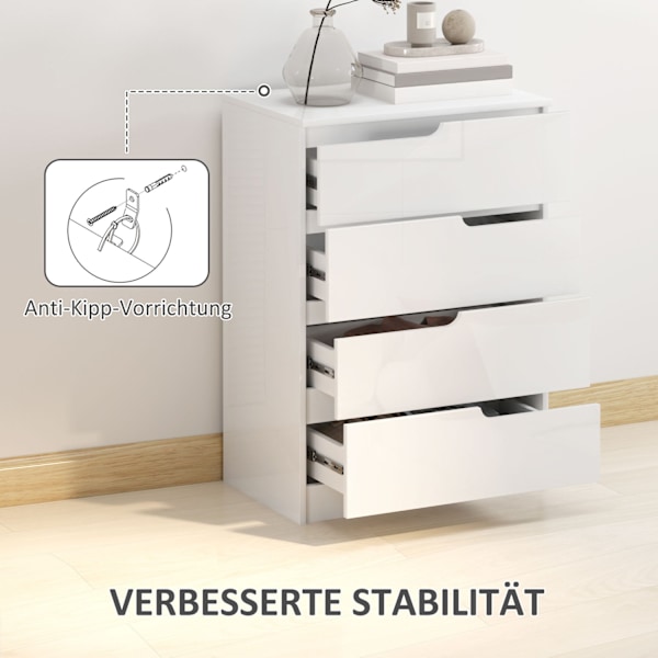 Kommode sideskab med 4 skuffer, kommode til stue, soveværelse, hvid højglans 60 x 40 x 85cm |
