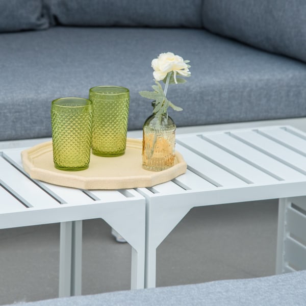 Havemøbelsæt til 5 personer med sidebord og tag, hynder af PP plast og polyester, 190/133W x 81D x 73/62H cm, hvid og grå |