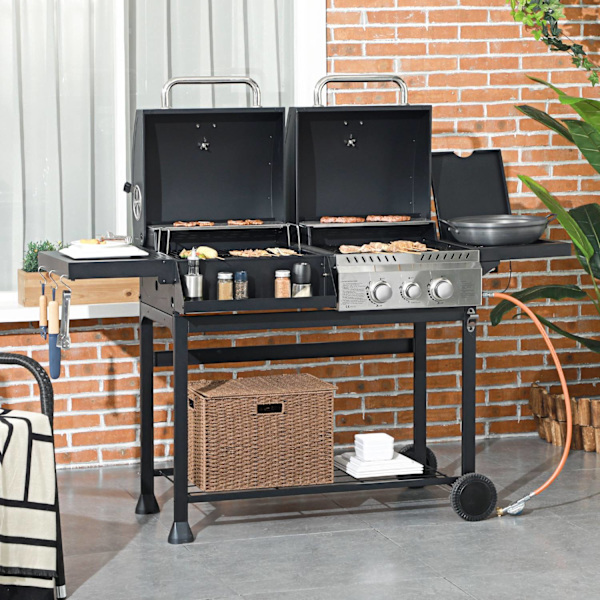 Kaasugrillivaunu 2+1 Polttimella, Lämpömittari, 3Kw, Bbq Hiiligrilli, Hylly, Sivuhylly, Koukku, Leirintäalue, Musta