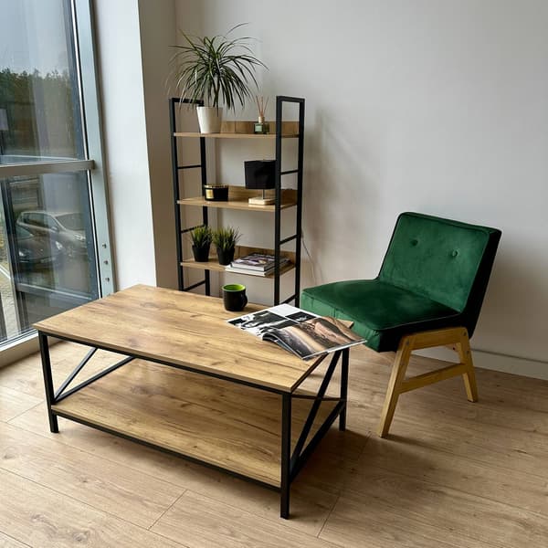 Rustikt sofabord med hylde – 100x55 cm, stål og træ