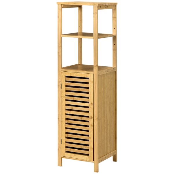 Højdejusterbart badeværelsesskab, badeværelsesskab af bambus, badeværelsesmøbel med skab, to åbne hylder, til badeværelse, ca 33 x 30 x 120 cm naturtr