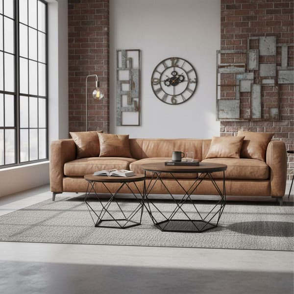 Industriell soffbordsgrupp, träimitation, metallram