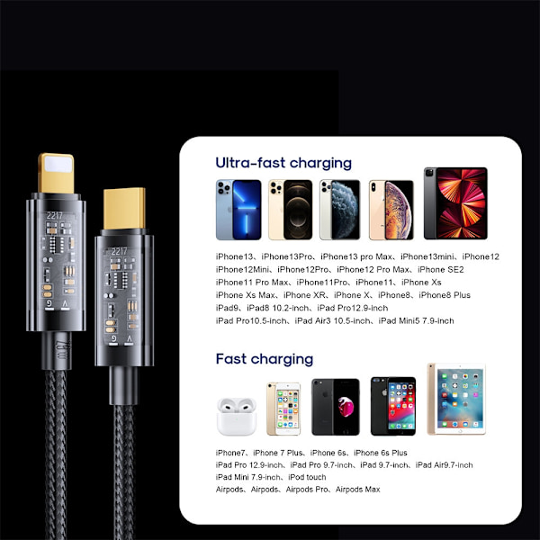 Flätad kabel för iPhone USB-C - Lightning PD 20W 1,2m svart