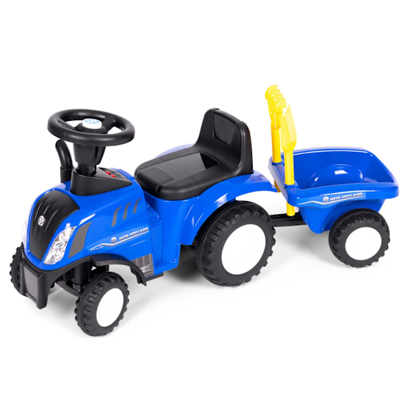 Ride-on traktor med trailer til børn, interaktivt rat, lyde, blå