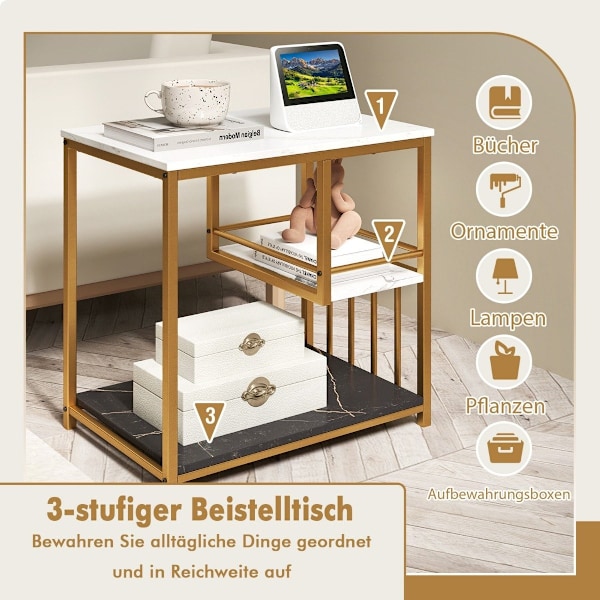 Sidebord marmor look 3-tagers sengebord med metalstel sofabord moderne stuebord hvid