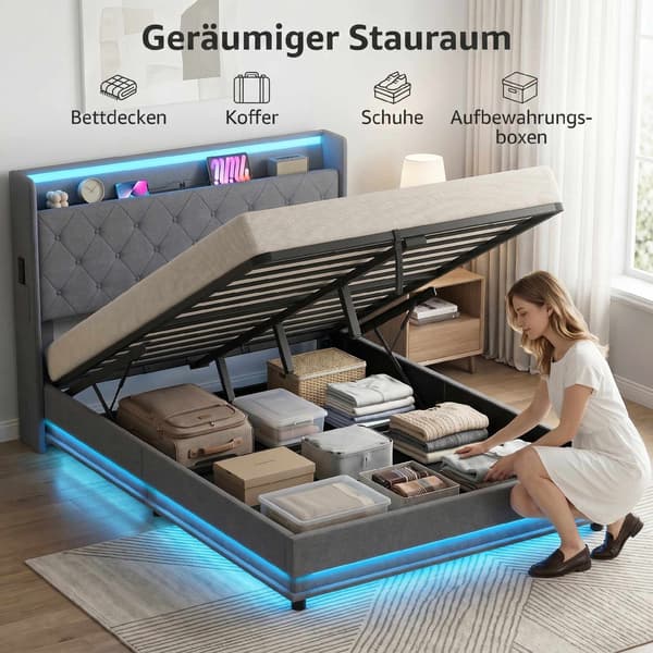 Sängram plattform 140x200 cm med förvaring och LED-lampor