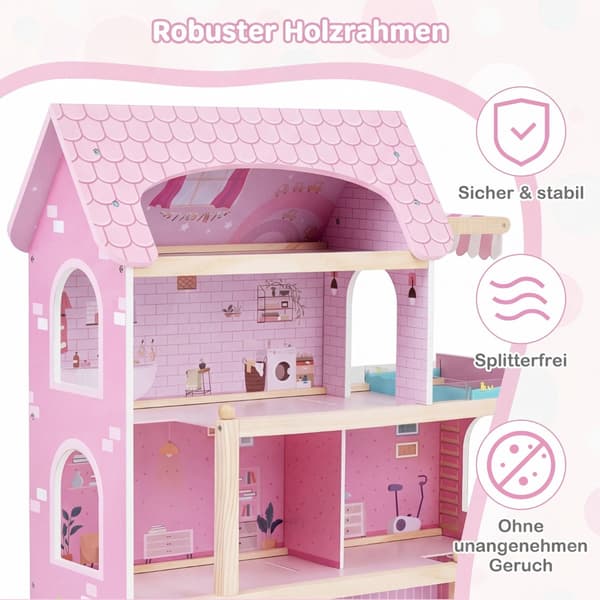 Trädockhus med 33 möbler, balkong och pool