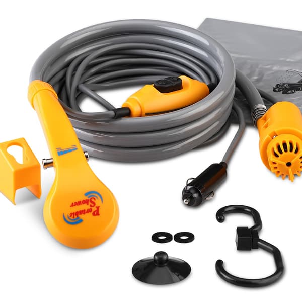 Bärbar 12V campingdusch, 5m kabel, justerbart tryck