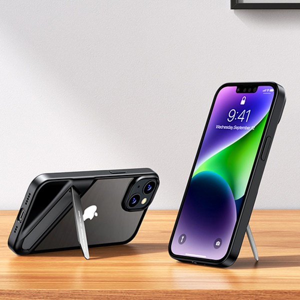 Jäykkä kotelo geelikehyksellä ja sisäänrakennetulla telineellä iPhone 14 mustalle