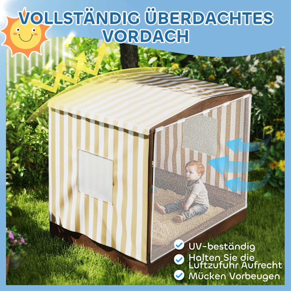 Sandkasse med baldakin og netdør, 142 x 101,5 cm træsandkasse med bænk, opbevaringsplads, gulvbeskyttelse, til 4 børn 3-6 år brun