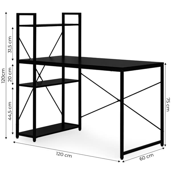 Computerbord med hylder, 120x60 cm, sort MDF