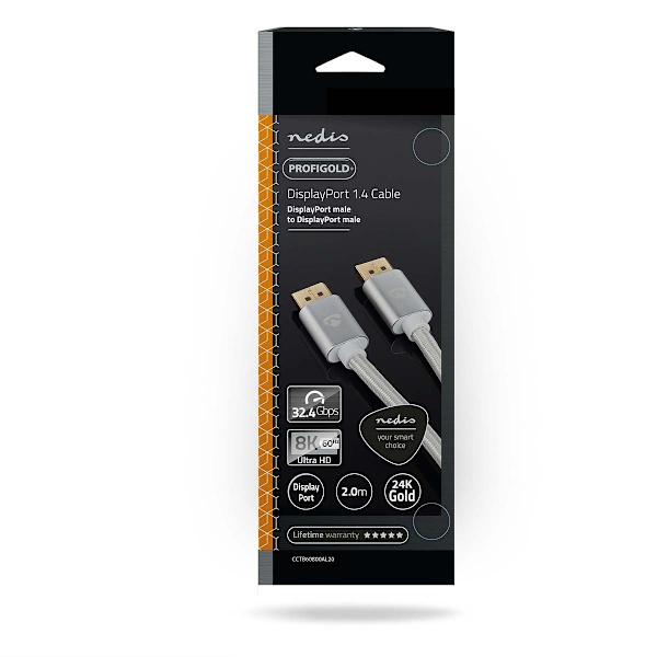 Displayport kabel | DisplayPort Han | DisplayPort Han | 8K@60Hz | Guldplateret | 2.00 m | Runde | Flettet | Sølv | Cover Window Box