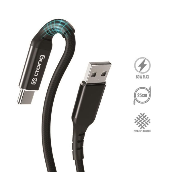 Crong Armor Link - USB-A till USB-C 60W 3A flätad kabel Snabbladdning 25cm (svart)