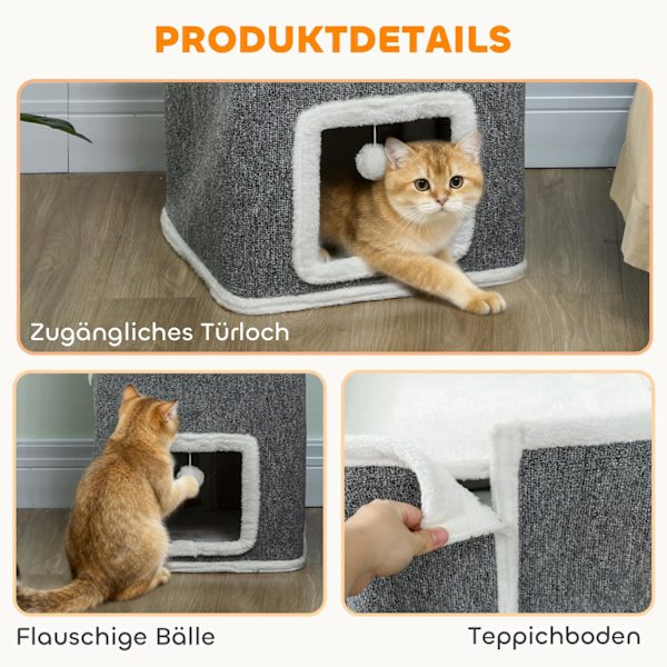 Kattetårn med 3 huler, grå, spånplade, legebolde