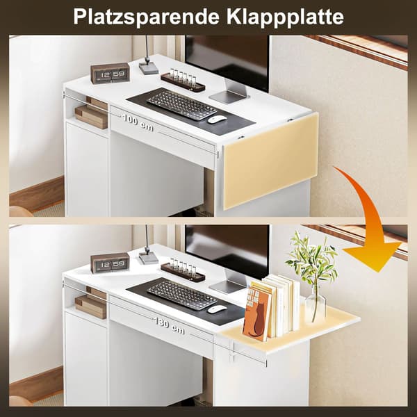 Hopfällbart datorbord med skåp och låda, vit