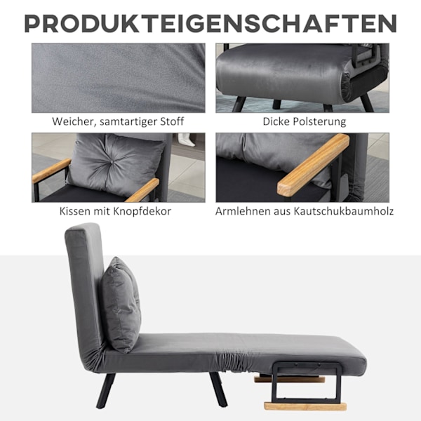 Sovestol, Enkelt Sofa Med Sengefunktion, Afslapningsstol Med Justerbart Ryglæn, Fløjlslook, Mørkegrå