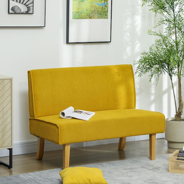 2 pers. sofa, sofa med fløjlslook, træben, polstret sofa, dobbeltsofa til soveværelse, stue, 110 x 62 x 85 cm, gul