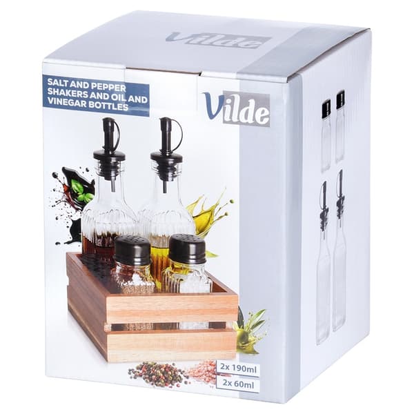 Olje- och vinägerflaskor set med stativ, 5 stycken
