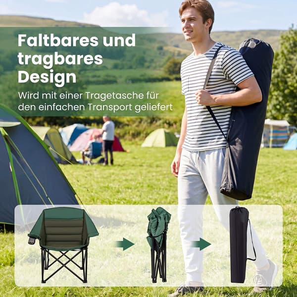 Overdimensioneret grøn campingstol, foldbar med hynde og kopholder