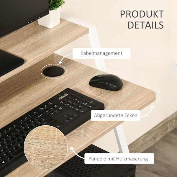 Skrivbord Modernt datorbord med förvaringsfack & kabelgenomgång, metallram, vit + ek, 84x45x85cm