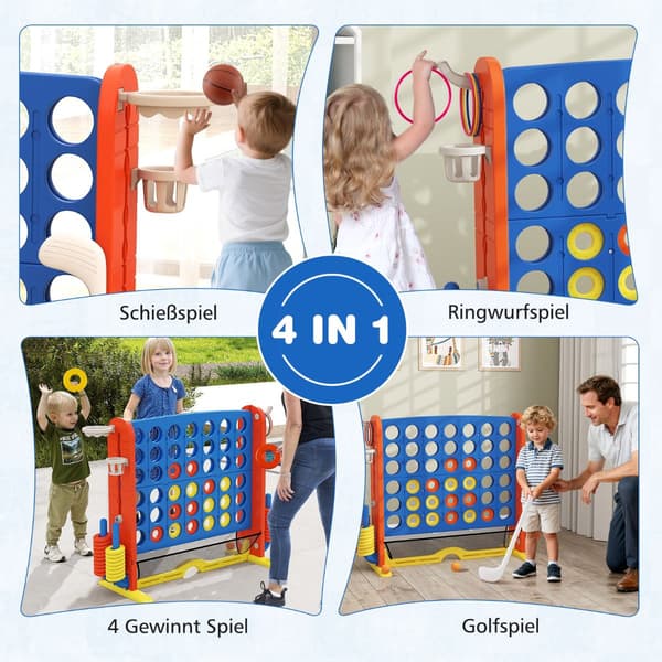 4-i-1-spilsæt: Forbind fire, basketball, ringkast, golf