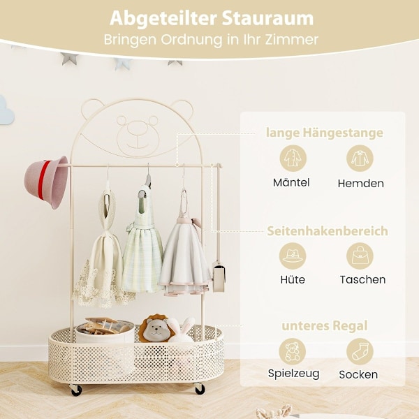 Børnetøjsstativ højdejusterbar fra 130cm/150cm/182cm frakkestativ på hjul hvid