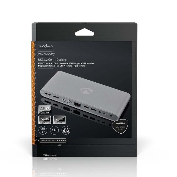 USB Telakointiasema | USB 3.2 Gen 1 | USB-C™ Uros | DisplayPort Naaras / HDMI naaras / RJ45 Naaras / VGA Naaras / 2x 3.5 mm naaras / 2x USB-C™ / 4x US