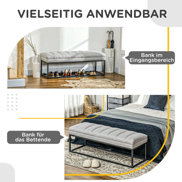 Bænk I Linned Look Polstret Bænk Til Soveværelse, Sengebænk, Påklædningsbænk, Op Til 200 Kg, Stål, Lysegrå, 120X44X45,5 Cm