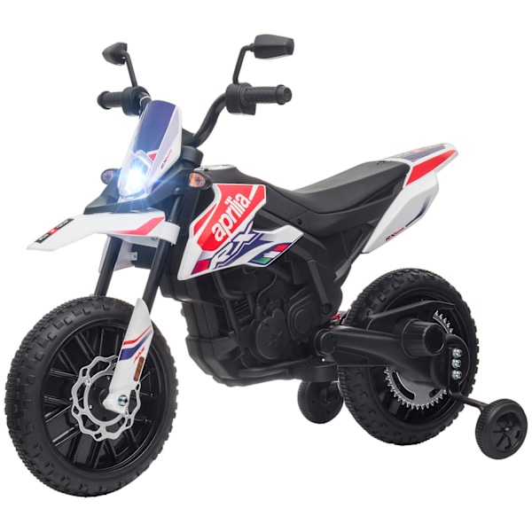 Elmotorcykel för barn, 12V barnmotorcykel med musik, 6 km/h barnfordon med avtagbara träningshjul, 12 tums plastdäck, för 3-8 år barn, max 30 kg, vit