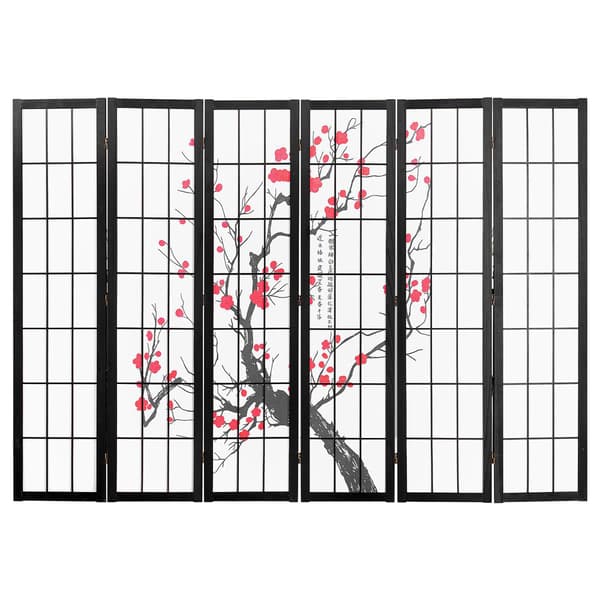 Japansk rumsavdelare, vikbar träskärm med 6 paneler, körsbärsblom