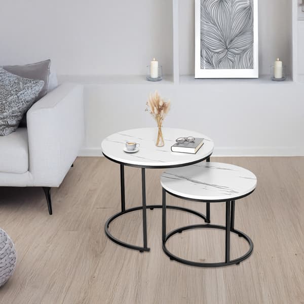 Loft Indskudsborde Sæt, Hvid Marmor, Sort Stel