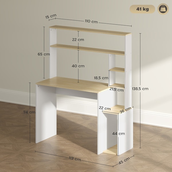 Skrivebord 113 x 45 cm Computer Skrivebord Kontorbord med åbne hylder CPU Stand Stålramme til hjemmekontor Soveværelse Eg |