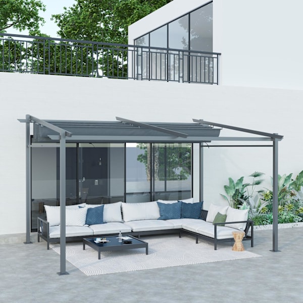 Uteplats Tak Pergola Ca. 4x3m altantak Trädgårdspaviljong aluminium, väggmonterad, trädgårdspaviljong med justerbart tak, UV-skydd, solskydd för utepl