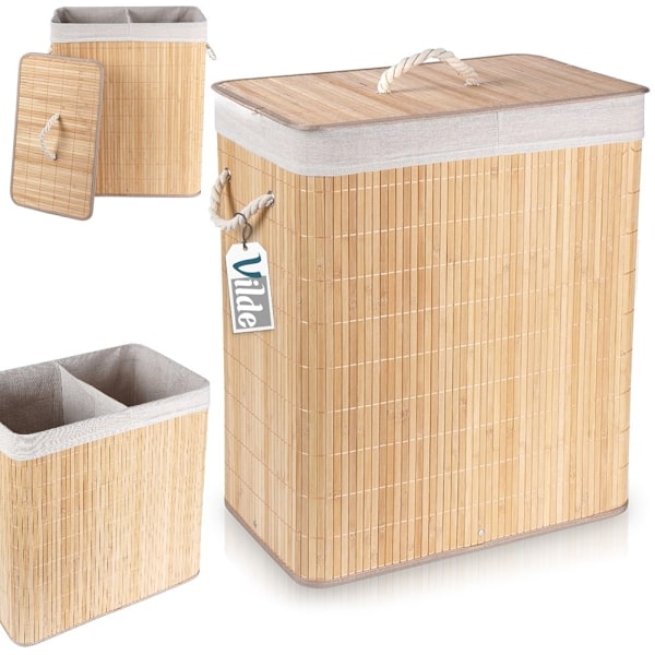 Käytännöllinen bambu pyykkikori kahdella lokerolla ja kannella