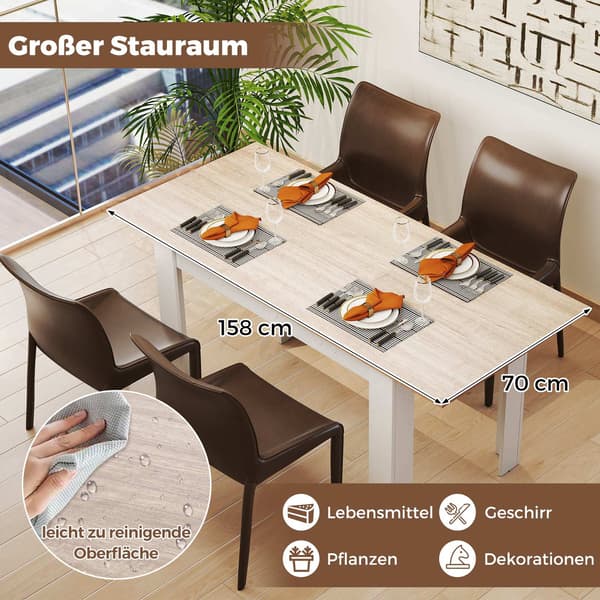 Utdragbart matbord, justerbar skiva, L-formade ben, vit
