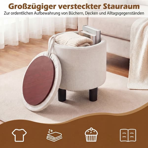 Rund linnedpuf med opbevaring, beige, Ø38 cm