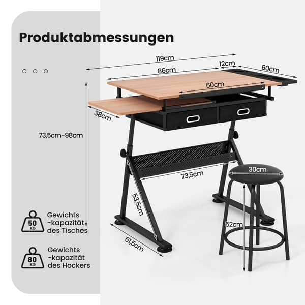 Ställbart ritbord med pall, vinklingsbar topp, förvaring