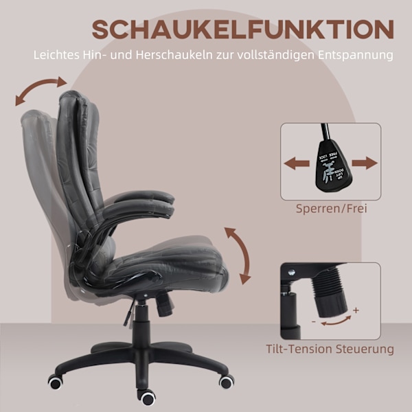 Kontorstol, ergonomisk lederstol med vippefunktion, fold-up armlæn, højdejusterbar skrivebordsstol med drejefunktion til hjemmekontor, imiteret læder,