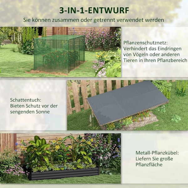 Højbed i stål med fuglebeskyttelsesnet, mørkegrå haveseng til altan og terrasse, 230x110x110cm, ideel solafskærmning