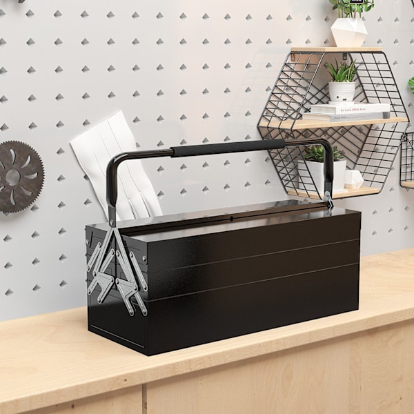 Værktøjskasse, værktøjskasse, 5 rum, foldbart stål (SPCC) sort, 56 x 20 x 41 cm